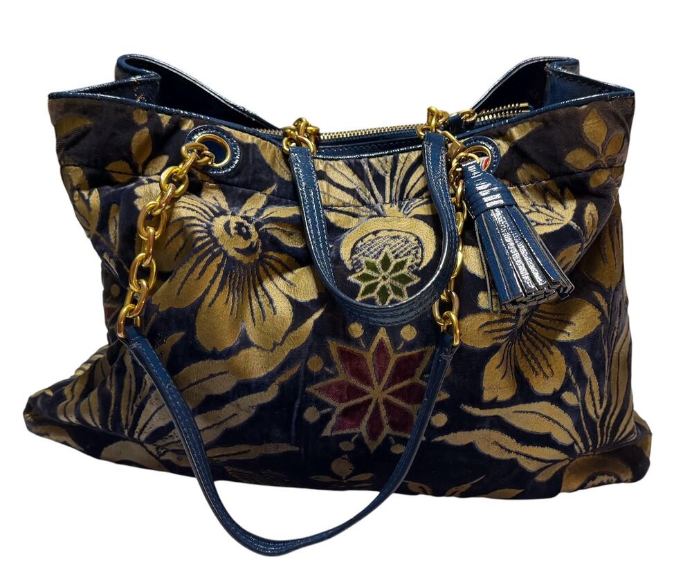 Tory Burch Cosmic Floral Fleming Tote Floral Velvet Blue Leather Shoulder Bag